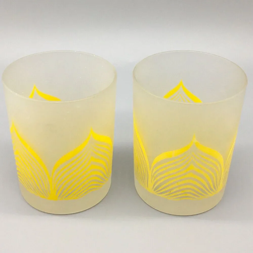 Vintage Georges Briard Low Ball Old Fashion Glasses MCM Pair Frost Clear Yellow
